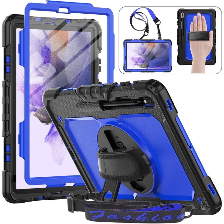 Pachet 360 pentru pentru Samsung Galaxy Tab S8 Plus, S7 FE, S7 Plus, Husa Sigloo Military, Curea de Umar si Folie de Protectie– Negru