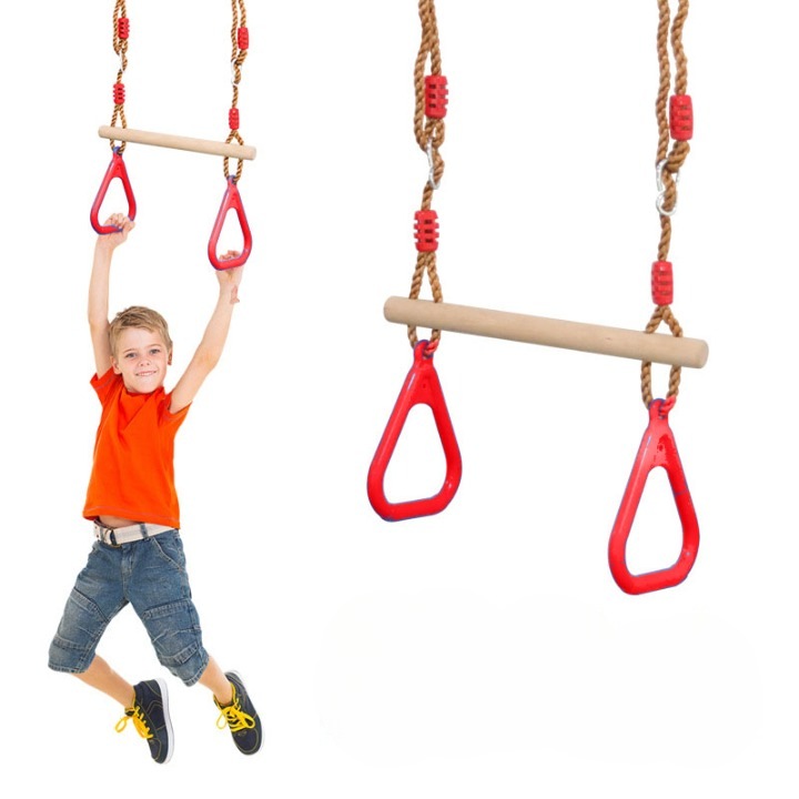 Leagan trapez de lemn cu set de inele pentru gimnastica copii cu franghii reglabile