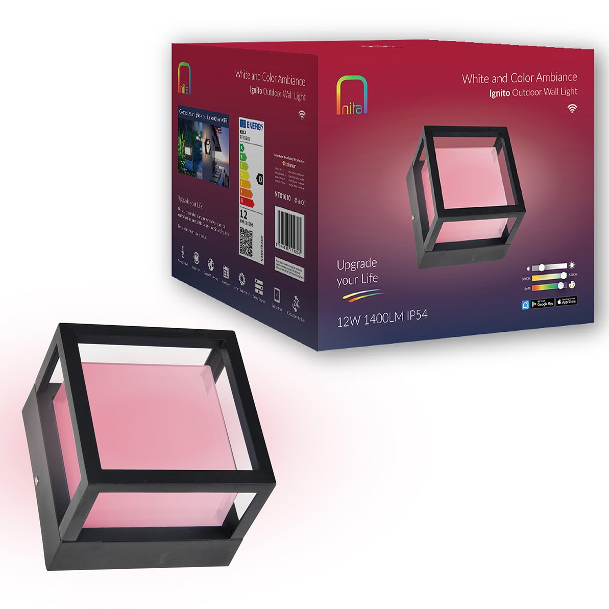 Aplica LED exterior RGB+W Nita Ignito NT01610, 12 W, 1400 lm, Wi-Fi, Bluetooth, compatibil Alexa/Google, 3000-6500 K, IP54