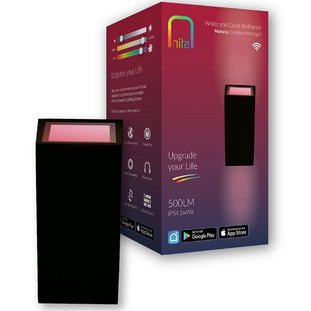 Aplica LED exterior RGB+W Nita Murano NT01613, 2x4 W, 480 lm, Wi-Fi, Bluetooth, compatibil Alexa/Google, 2700-6500 K, IP54