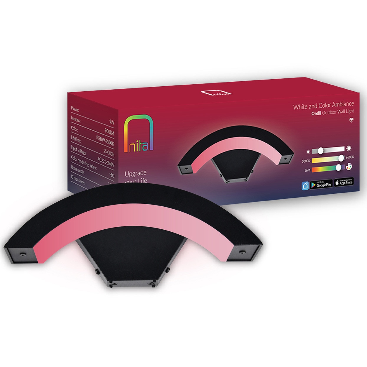 Aplica LED exterior RGB+W Nita Orelli NT01612, 9 W, 900 lm, Wi-Fi, Bluetooth, compatibil Alexa/Google, 2700-6500 K, IP54