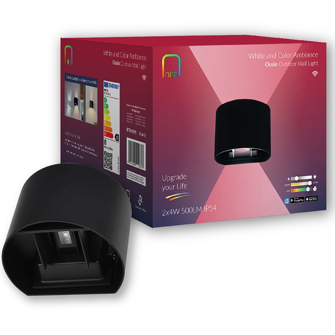Aplica LED exterior RGB+W Nita Ossio NT01611, 2 x 4 W, 900 lm, Wi-Fi, Bluetooth, compatibil Alexa/Google, 2700-6500 K, IP54