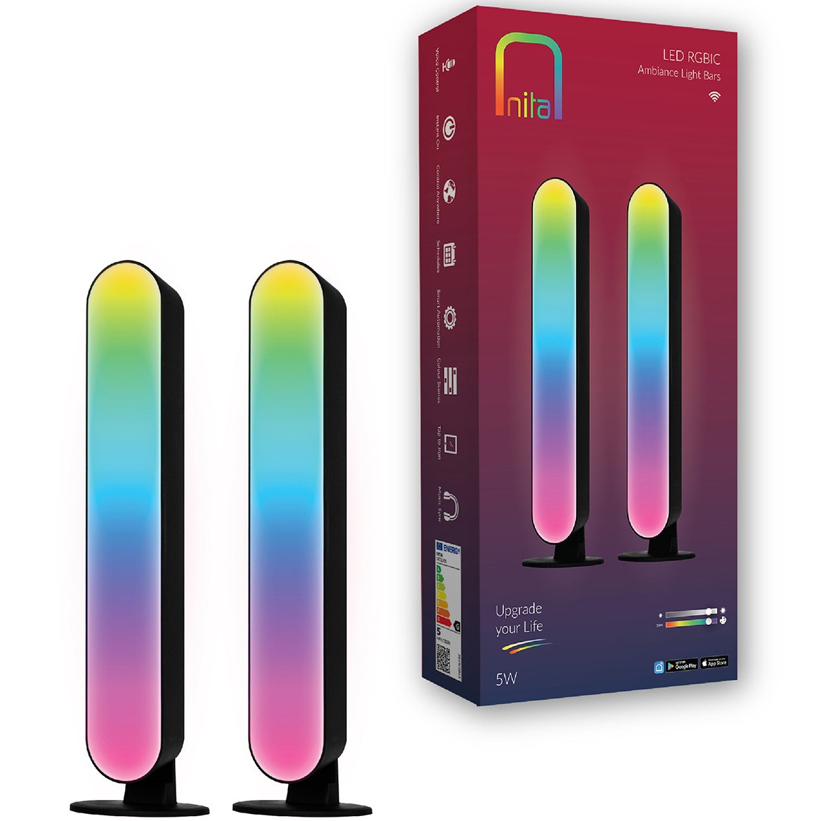 Bare luminoase LED RGBIC Nita NT01701, 5 W, 2 x 400 lm, Wi-Fi, Bluetooth, compatibil Alexa/Google, 2700-6500 K, IP20