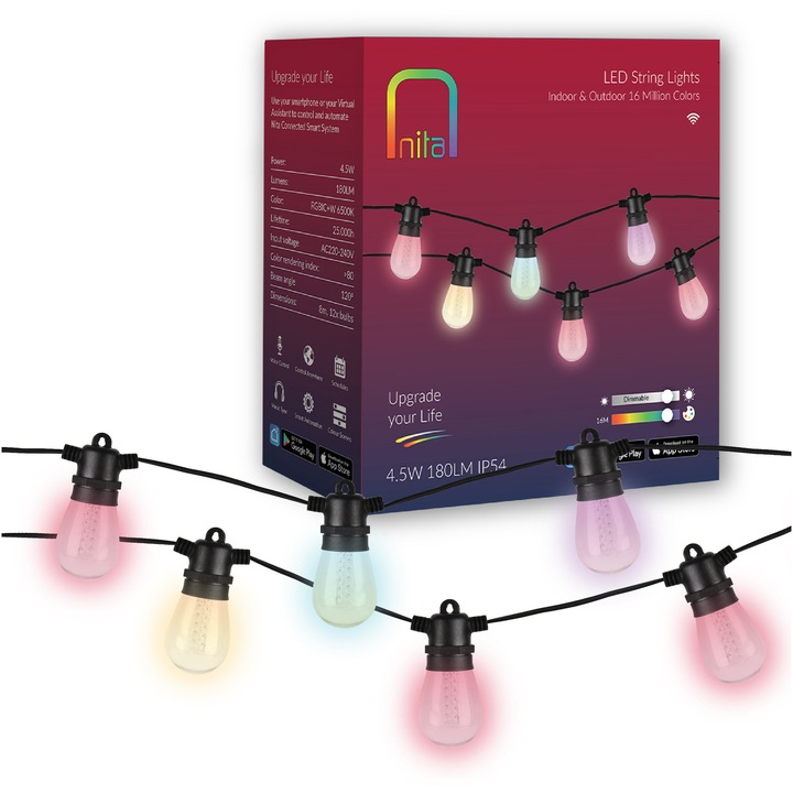 Ghirlanda inteligenta RGBW+IC Nita Smart NT01600, 4.5 W, 180 lm, Wi-Fi, Bluetooth, compatibil Alexa/Google, IP54, 2200-6500 K