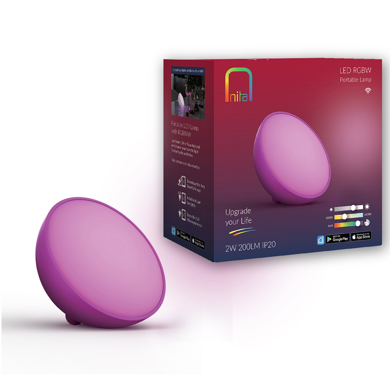 Veioza portabila LED RGB+W Nita NT01700, 2 W, 180 lm, Wi-Fi, Bluetooth, compatibil Alexa/Google, 2700-6500K, IP20