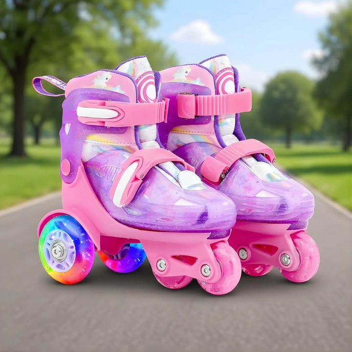 Регулируеми ролери Elindor® за Деца, Момичета и Момчета, 4 Колела със Светлини, Платформа в Триъгълник, Помощни за Начинаещи, Силиконови Колела, Лагери Алуминий / Полиуретан, Размер S, 28-32, Розов