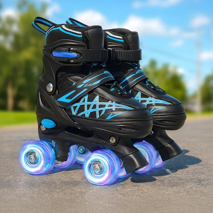 Регулируеми ролери Elindor® за Деца, Момичета и Момчета, 4 Колела със Светлини Quad, Помощни, Силиконови колела, Лагери ABEC-7, Алуминий / Полиуретан, Размер S, 28-32, Модел Еднорог, Черен / Син