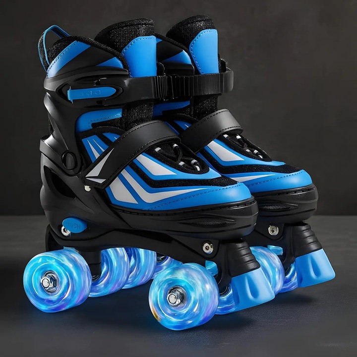 Регулируеми ролери Elindor® за Деца, Момичета и Момчета, 4 Светещи Quad Колела, Помощни Колела, Лагери ABEC-7, Алуминий / Полиуретан, Размер S, 27-30, Универсален Модел, Черен / Син