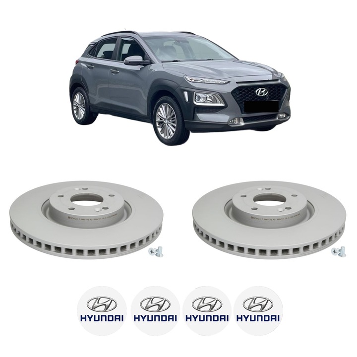 Set 2 discuri frana Fata HYUNDAI KONA (OS, OSE, OSI) din 2017-2023, KW 88 CP 120 CMC 998, Auto, Bosch, 4 Stickere auto cu HYUNDAI