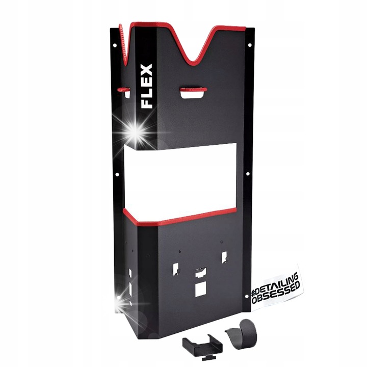 Голяма стенна стойка за полиращи машини Flex WHP-2 AC/DC, 60x30x17см, с място за съхранение на аксесоари, държач за батерии