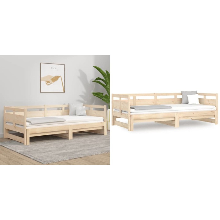 Pat de zi extensibil, 2x(90x200) cm, lemn masiv de pin