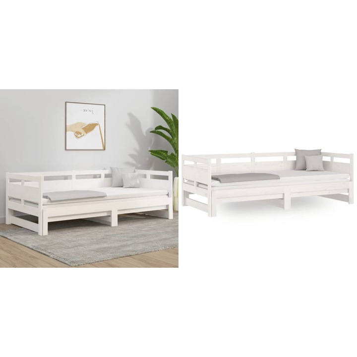 Pat extensibil de zi, alb, 2x(90x200) cm, lemn masiv de pin