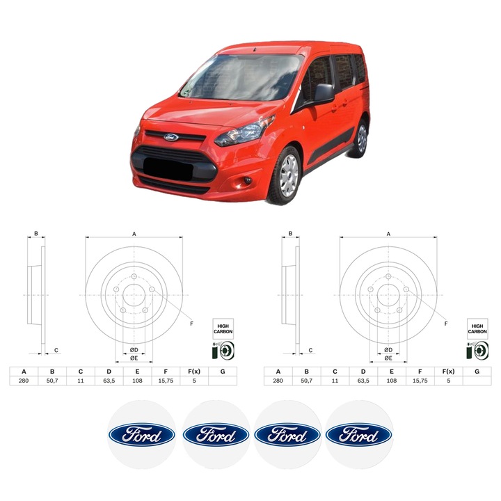 Set 2 discuri frana Spate FORD TOURNEO CONNECT / GRAND TOURNEO CONNECT V408 MPV din 2015-2022, KW 88 CP 120 CMC 1499, Auto, Bosch, 4 Stickere auto cu FORD