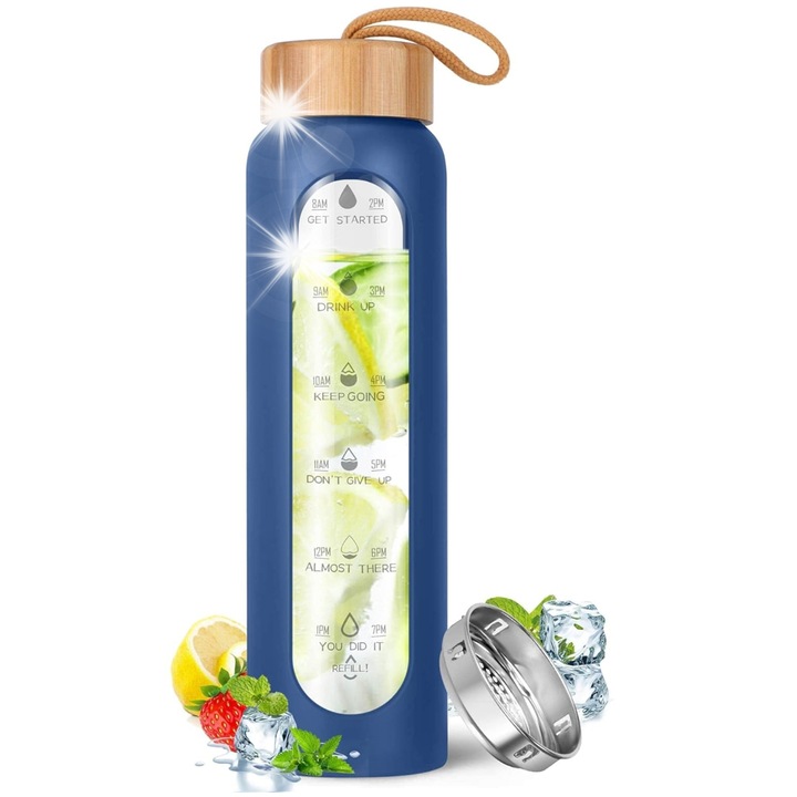 Мотивираща стъклена бутилка, SUPERO, 1000ml, бамбукова капачка, без BPA