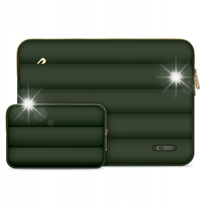 Комплект калъф за лаптоп Tech-Protect Puffy 15-16, армейско зелен, размери 40,6x30x2,5см и 21x14,5см