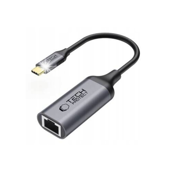 Адаптер USB-C към Ethernet RJ45 Tech-Protect, 1 Gbps, 20 см, поливинилхлорид/алуминий