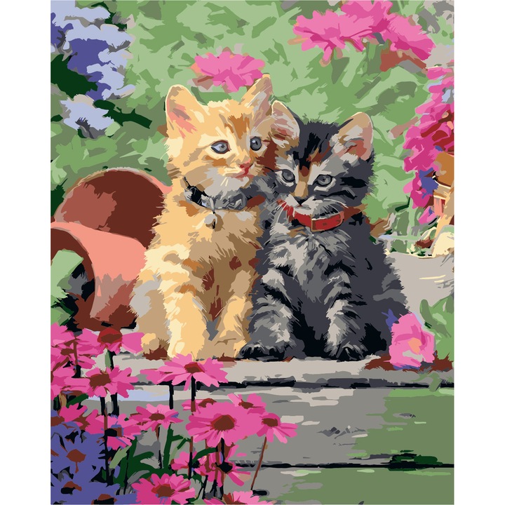 Set pictura pe numere - panza pe rama lemn 40x50 cm, doua pisici, NEVERMORE® 273, tablou cu schita, 3 pensule si vopsea acrilica