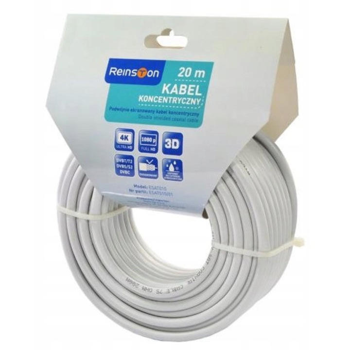 Коаксиален кабел Reinston, 20м, бял, двойно екраниран