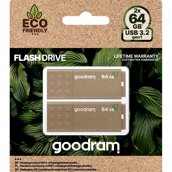 Pendrive USB 3.2 GOODRAM UME3 Eco, комплект 2x64GB, биоразградим, 55x21x9.6мм