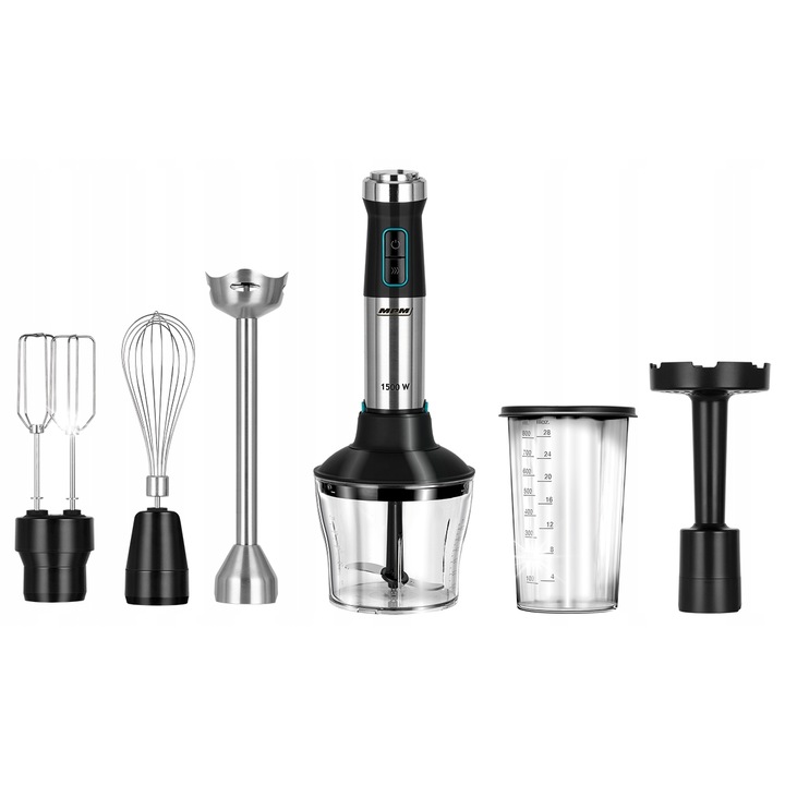 Вертикален блендер MPM MBL-42M, 1500W, комплект с контейнер 600мл и аксесоари за пюре и пяна, инокс