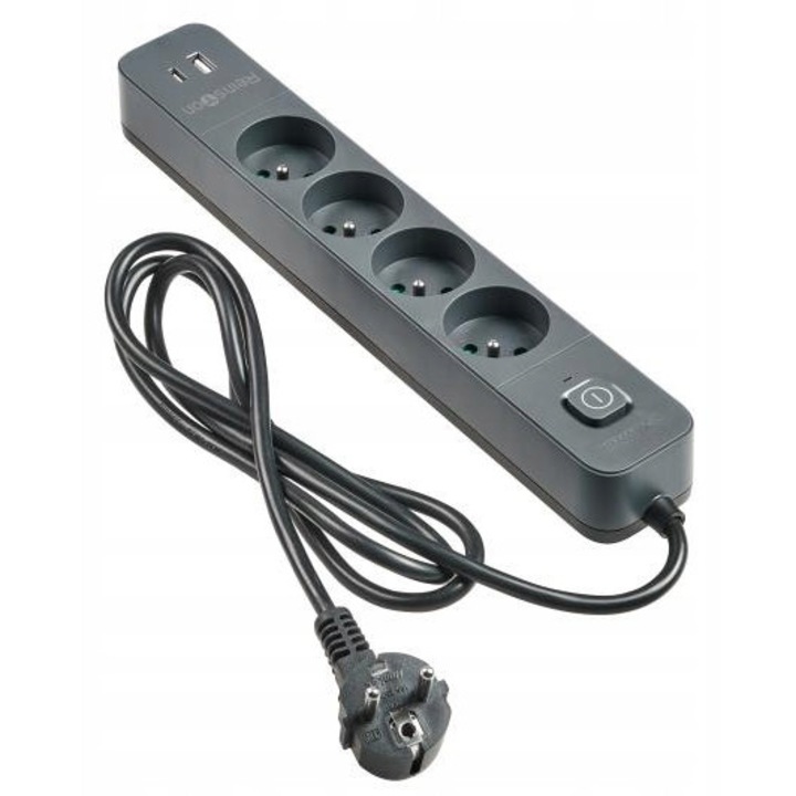 Разклонител Reinston 4 контакта 1,5м с USB, сив