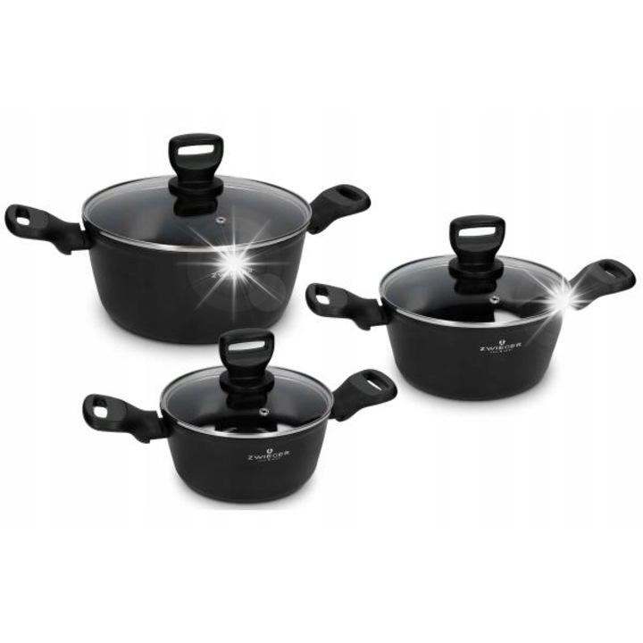Комплект тенджери Zwieger Carbo 6 елемента, 2л, 3л, 4,5л, 18x20x24см, черен