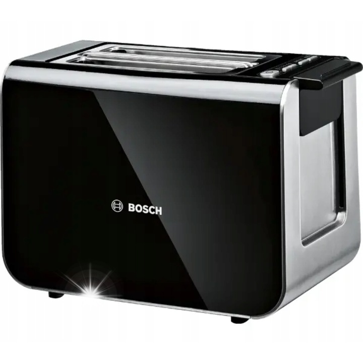 Тостер Bosch Styline, 2 филии, 860W, черно-сребрист, с приставка за кифлички, функция размразяване