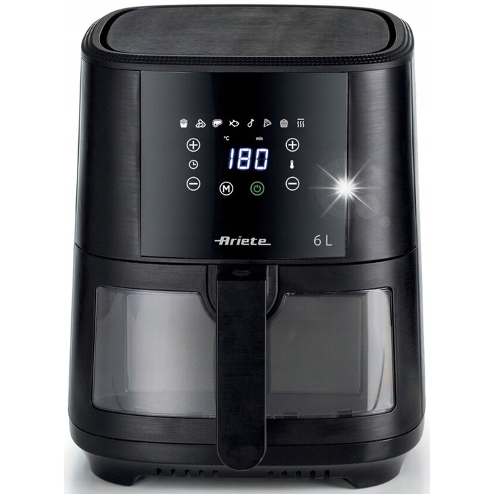 Безмаслен фритюрник Ariete 1300W 6L с 8 програми, LCD дисплей, размери 23x35x33 см