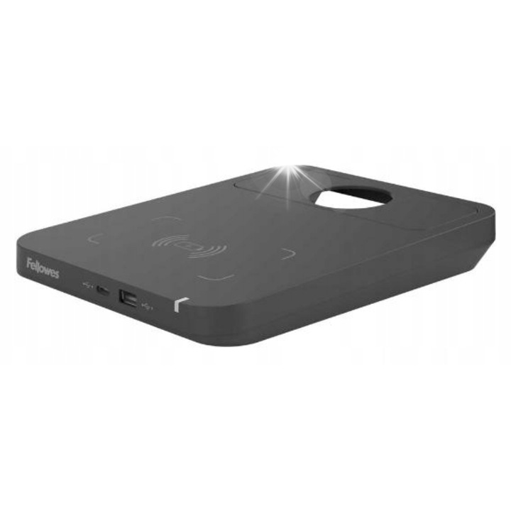 Хъб с безжично зарядно устройство Fellowes Tallo, черен, 2 USB порта, съвместим с рамена за монитор Tallo