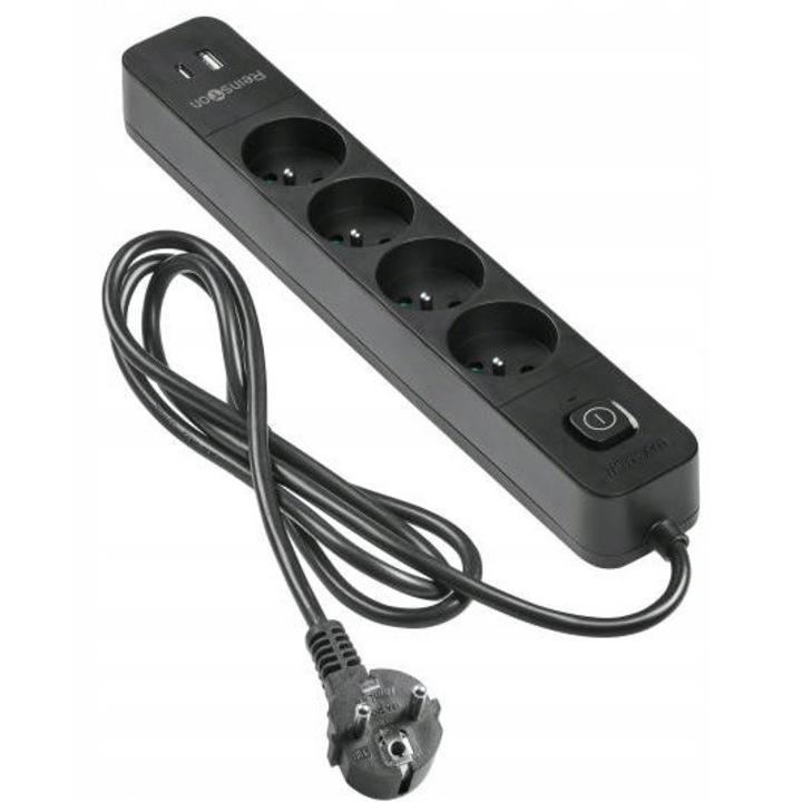 Разклонител Reinston с 4 гнезда, 1.5м, с USB, черен