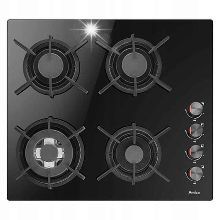 Газов плот върху стъкло Amica, 59x52см, 4 горелки, Wok, черен