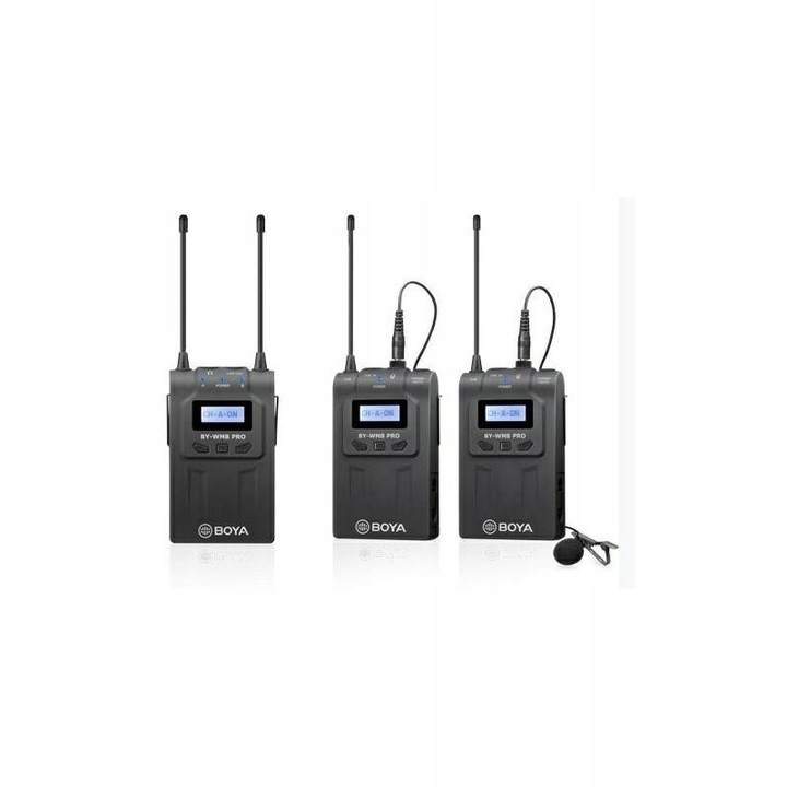 Комплект безжични микрофони BOYA BY-WM8 PRO-K2, 2 предавателя, 1 приемник, 2 микрофона тип брошка, 100м, 3,5мм, XLR