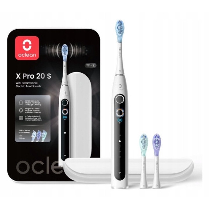 Periuta sonica Oclean X Pro, set 3 capete, alb, 84000 miscari/min, acumulator, 40 zile autonomie