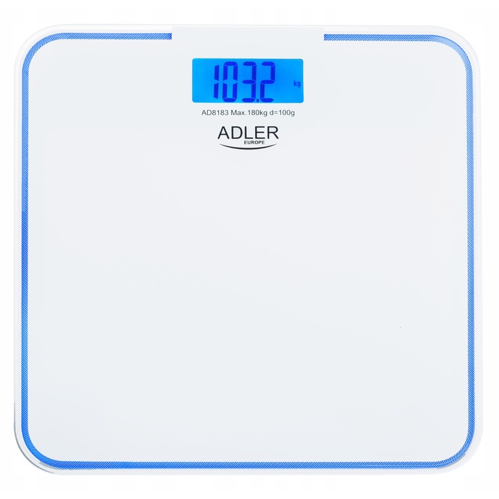 Кантар за тяло Adler AD 8183, 180кг, осветено стъкло, бял, 30x30x2.5см