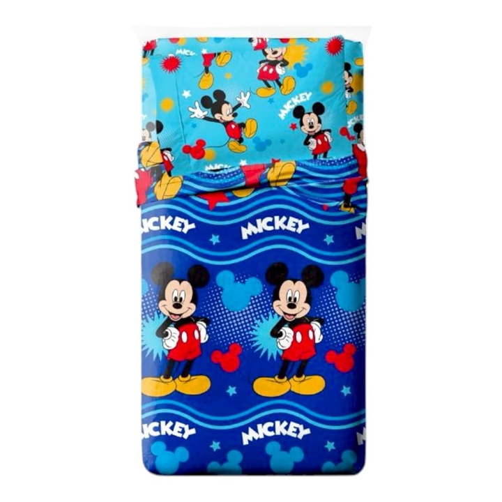 Set lenjerie pat, 4 piese, husa saltea 160x200 cm, cearceaf pat 240x280 cm, 2 fete perna 50x70 cm, multicolor, Mickey Mouse