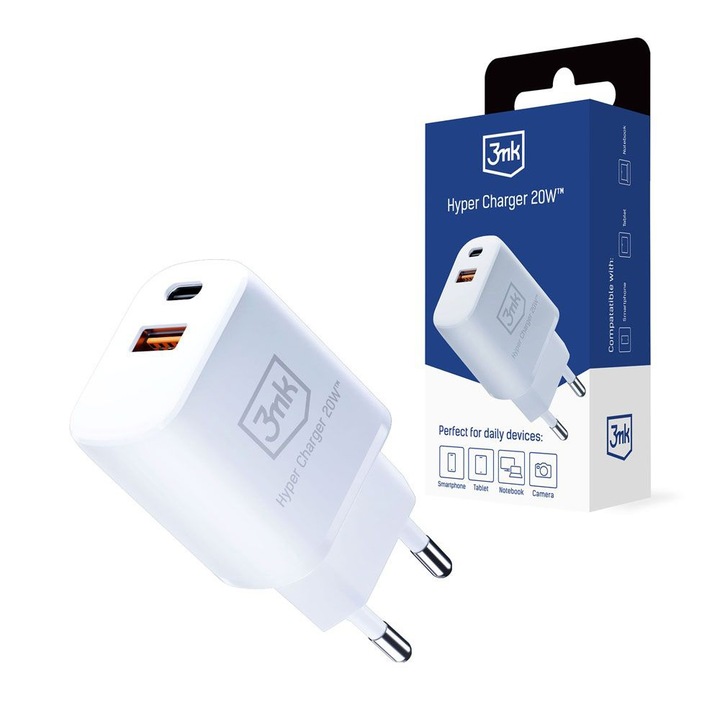Hálózati töltő, USB-A, USB-C, 20W, Power Delivery és Quick Charge, Z38, Fehér