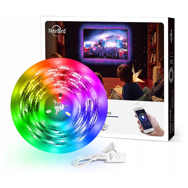 Banda LED RGB WiFi NiteBird 2,8m, control vocal, aplicatie Tuya, alimentare USB (fara adaptor), Gosund