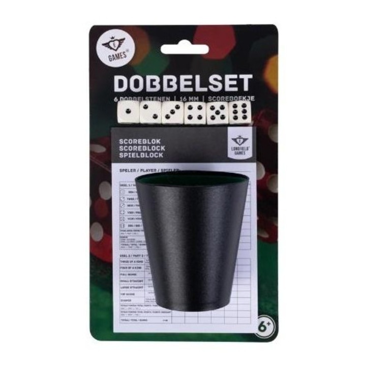 Társasjáték készlet, QUINT, elegáns pókerkocka, 6 db 16mm-es dobókocka, eredményjelző füzet 25 lappal