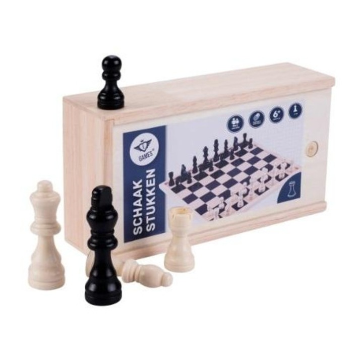 Set figuri sah din lemn, QUINT, 32 piese, culoare neagra si naturala, inaltime rege 77mm