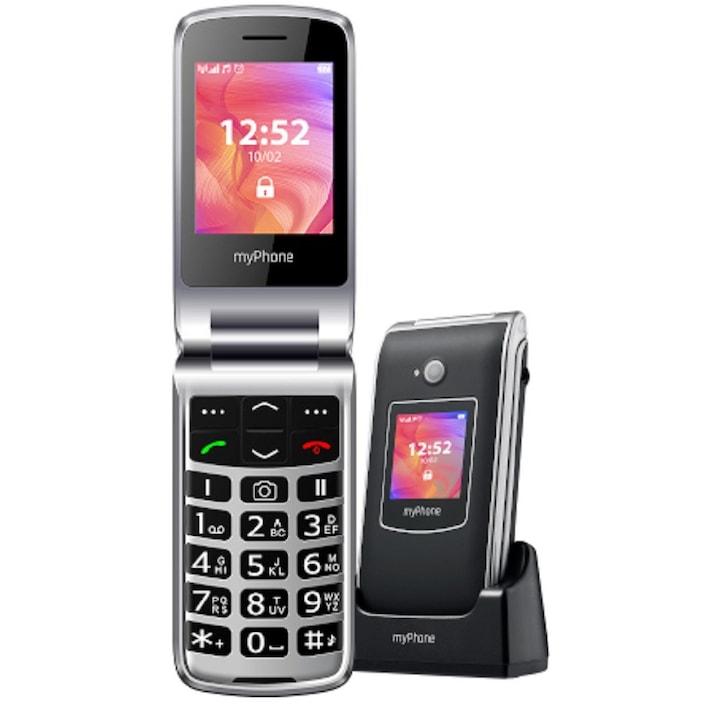 Telefon seniori cu clapeta myPhone 2G soclu incarcare butoane mari doua ecrane 2.4 si 1.4 incht retele 2G dual sim USB-C meniu RO cu info RO Alert
