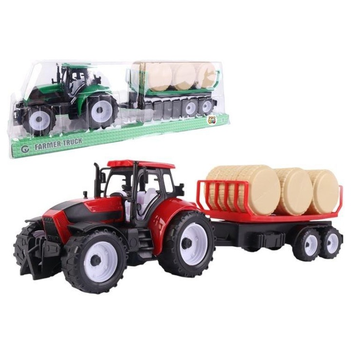 Traktor utánfutóval és bálákkal, Pro Kids, piros/zöld, szett, 30x15x10cm