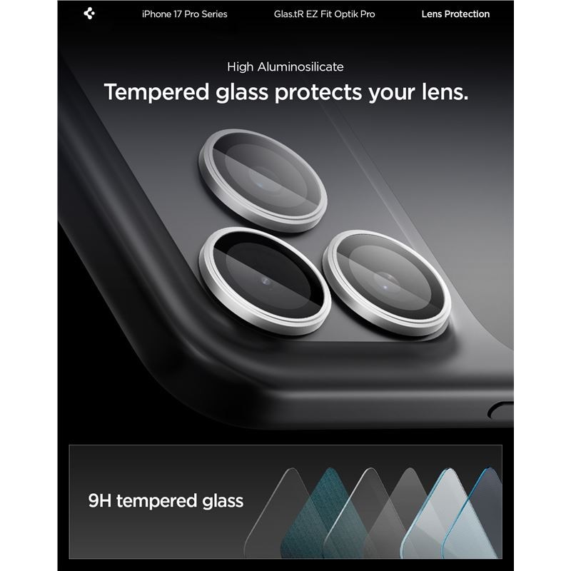 Set 2 folii sticla Spigen Glass tR EZ Fit Optik Pro, Sistem Montare, compatibila cu iPhone 14 Pro/Pro Max, 15 Pro/Pro Max, 16 Pro/Pro Max, 17 Pro/Pro Max, Silver