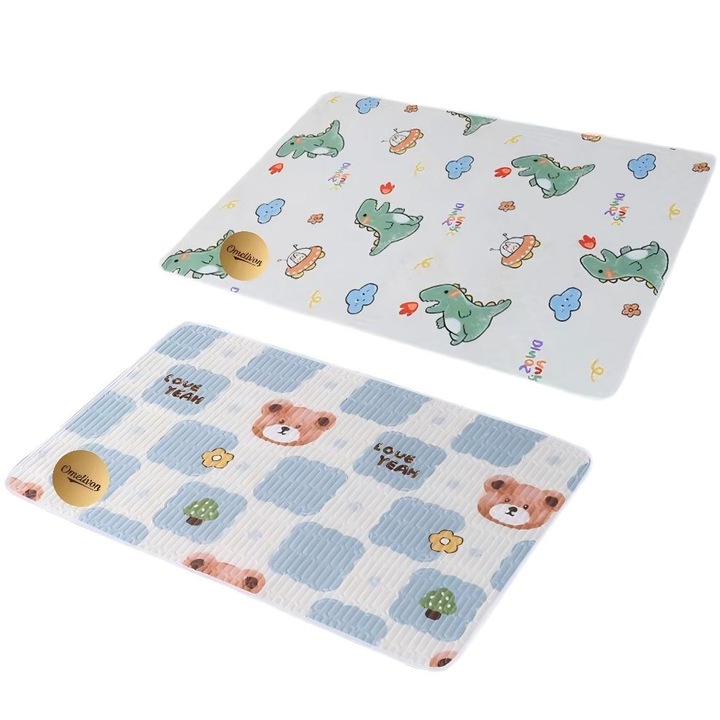 Set de 2 saltele pentru patut, Omelivon®, patura absorbanta lavabila si reutilizabila, protectie saltea, impermeabila, 70x90 cm, tema ursuleti si dinozauri, alb