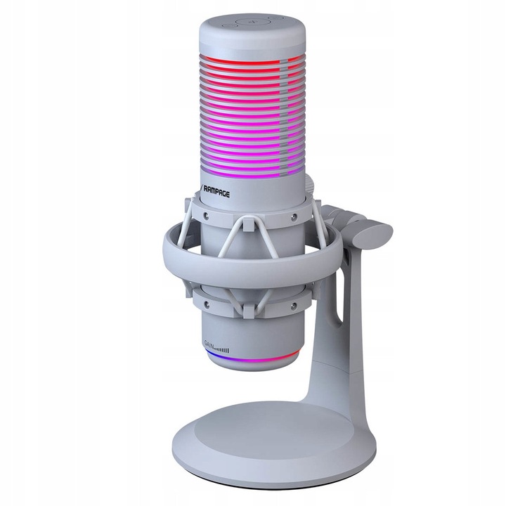 Microfon Rampage Bemol RGB USB-C alb, set cu stativ si suport antiviolent, 21.5x9.5x11.5cm