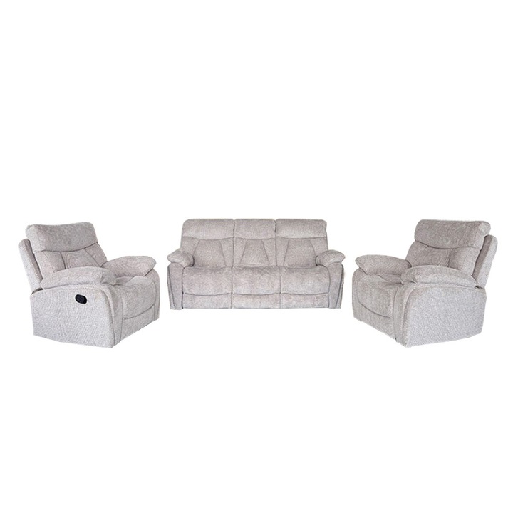 Set Canapea cu 2 Fotolii, Sistem Recliner Manual Havana, culoare Bej