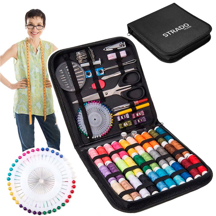 Set de cusut Strado, 20 accesorii, culori diverse, etui compact, pentru calatorii