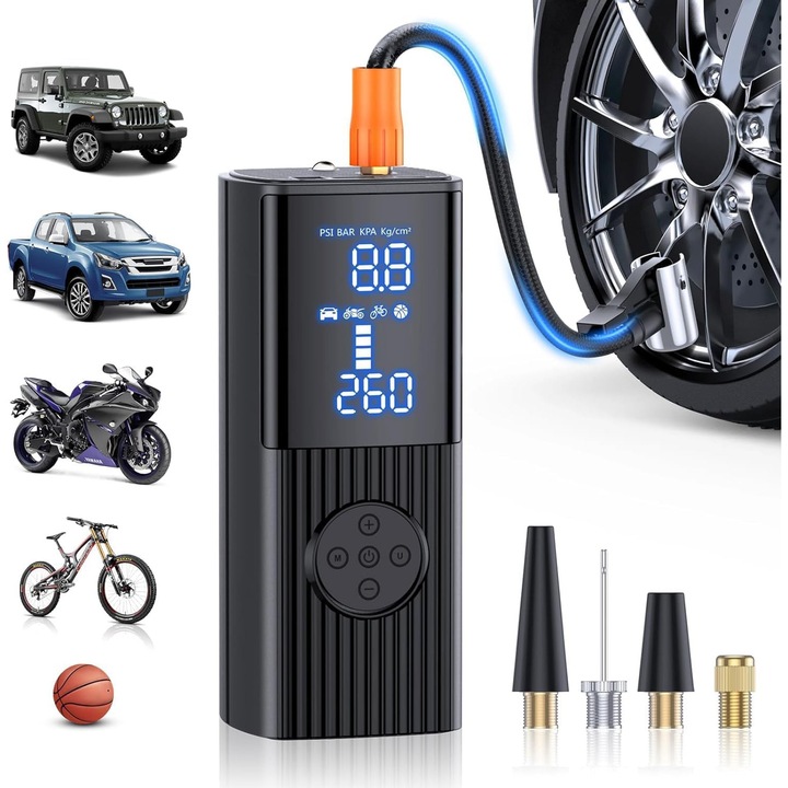 Compresor auto portabil digital NextWave®, baterie 7800 mAh reincarcabila, presiune 150 PSI, 4 moduri inteligente de umflare, Power Bank, lumina LED – pentru anvelope auto, motociclete, biciclete, Tubliss Enduro si mingi, Negru