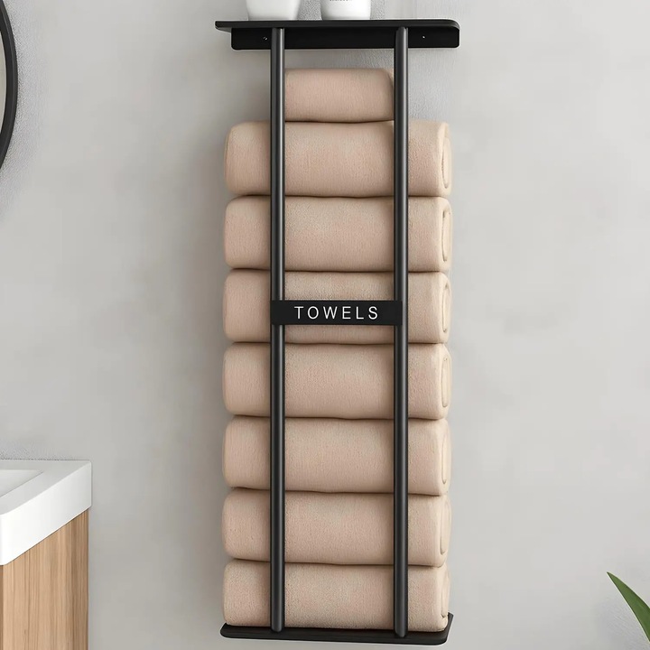 Стойка за кърпи Elindor® Рафт с лепило, Етажерка за кърпи за душ, Стенен органайзер, Органайзер за баня, Аксесоари от неръждаема стомана, 32 × 14 × 76 см, Черен