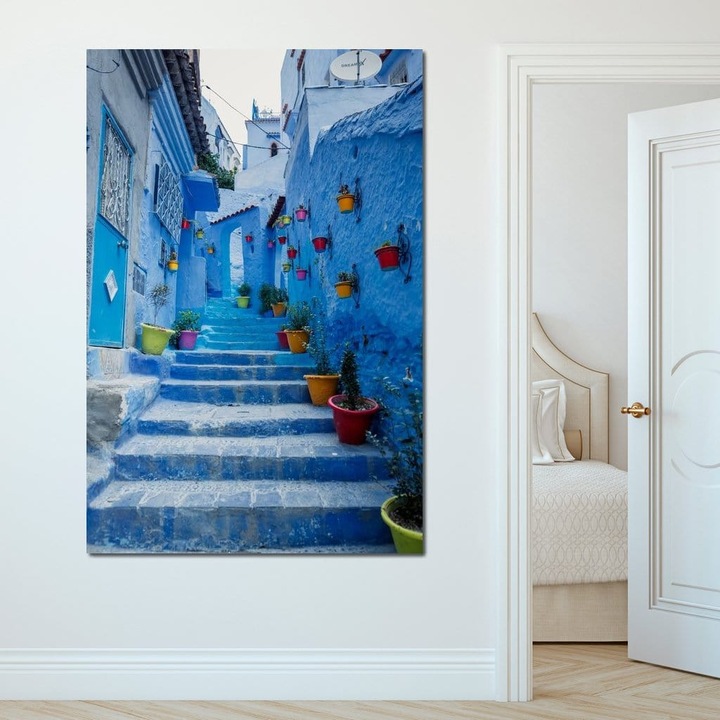 Премиум Канава Картина, LuxCanva® O1007, Синият град, 80 X 120 CM, Платно 100% Памук 400гр/м2, Рамка, Дърво, Мароко, Традиционен, Къща, Син, Саксия, Цветен, Екзотичен, Култура, Дестинация, Туристически, История, Бохемски, Ескапада, Офис, Хол, Спалня