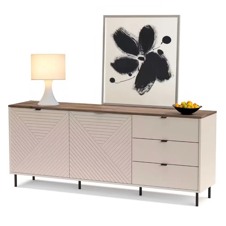 Comoda Expomob EVO, 2 usi, 3 sertare, dimensiune 183,4x40x75,2 cm, culoare casmir + stejar castello